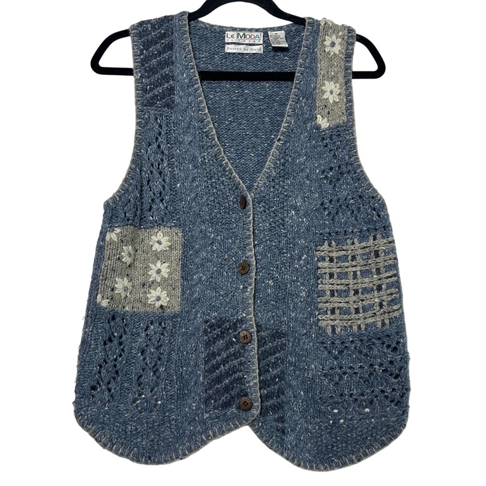 Vintage‎ 90's/y2k blue Patchwork Daisy V-Neck Button Vest